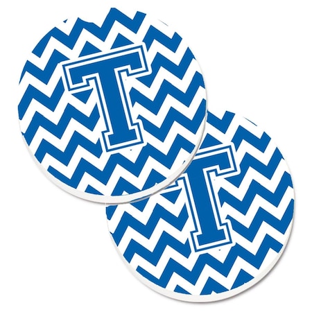 Carolines Treasures Letter T Chevron Blue and White Set of 2 Cup Holder Car Coaster CJ1056-TCARC